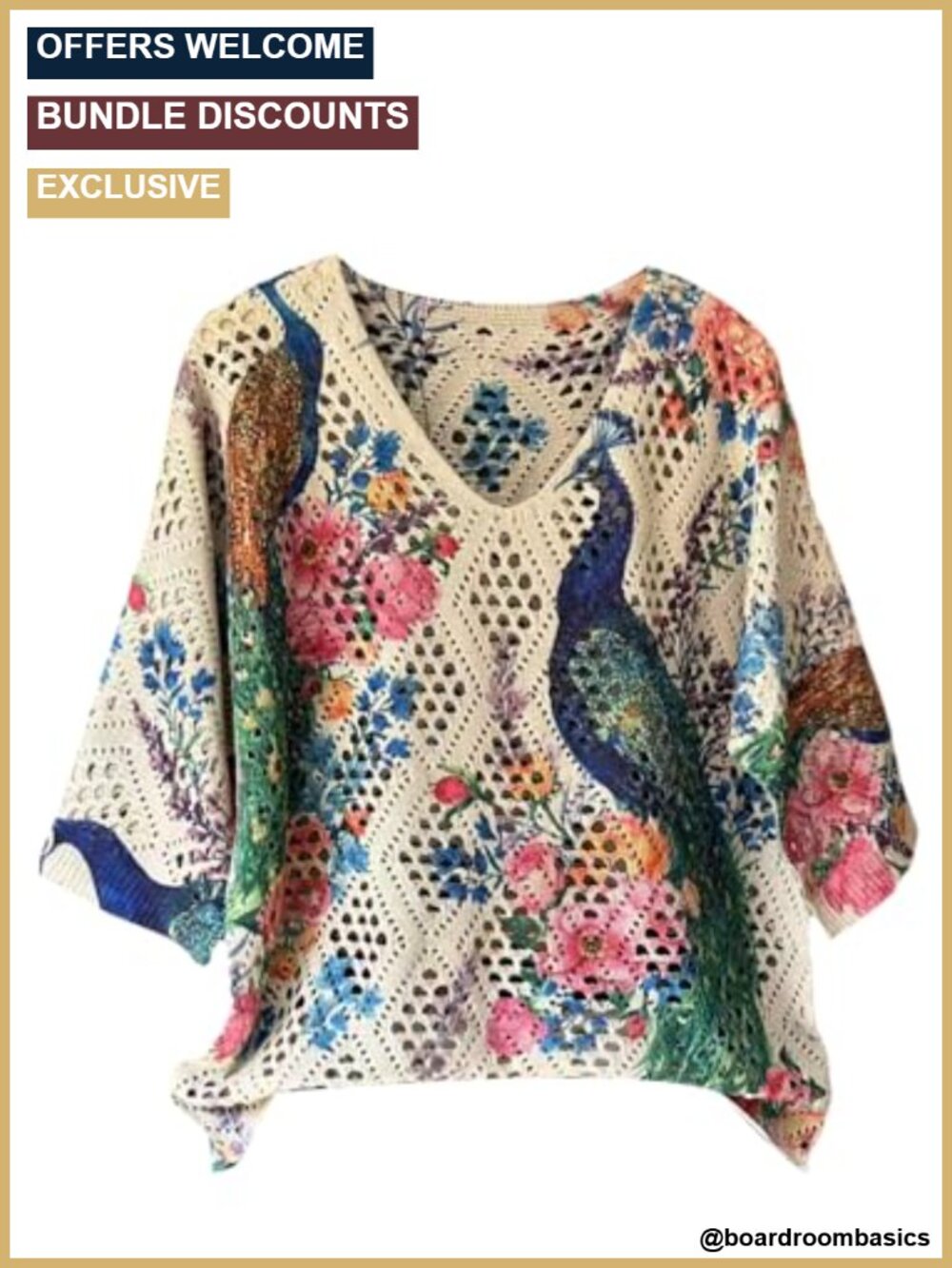 Crochet Knit V Neck 3/4 Sleeve Boho Pullover Sweater Top